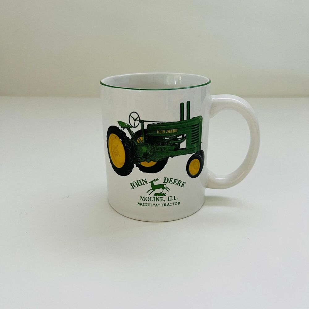 JOHN DEERE White Ceramic Green Rim Model "A" Tractor Moline ILL Coffee Mug